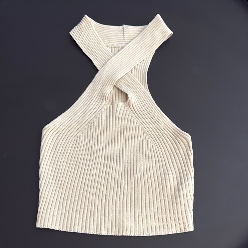 Cream Ribbed Cross-Front Women's Top
